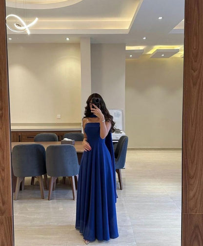 Fancy A Line Strapless Royal Blue Chiffon Sleeveless Long Evening Dress Party Gowns Evening Special Formal Dresses Prom Dress DH188