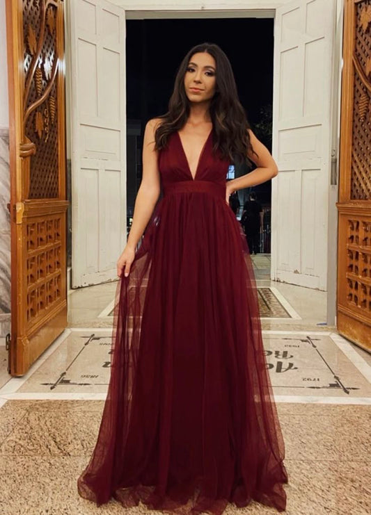 Glamorous A line V Neck Tulle Burgundy Long Evening Party Gowns Evening Special Formal Dresses Prom Dress DH189