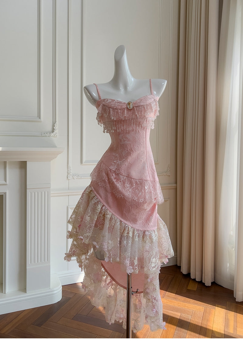 Cute A Line Spaghetti Straps Pink Lace Grad Dress Inspo Formal 8th Grade Homecoming Dresses High School Hoco Court Dress Graduation Dress Hoco Outfits DH1900