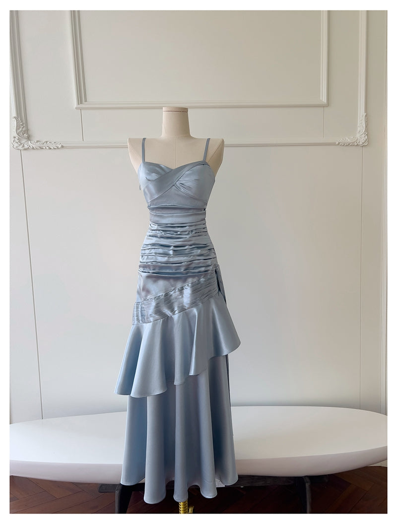 Sexy Mermaid Spaghetti Straps Dusty Blue Satin Long Prom Dresses Party Dress 20th Birthday Outfits Graduation Dresses DH1910