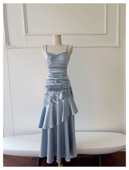 Sexy Mermaid Spaghetti Straps Dusty Blue Satin Long Prom Dresses Party Dress 20th Birthday Outfits Graduation Dresses DH1910