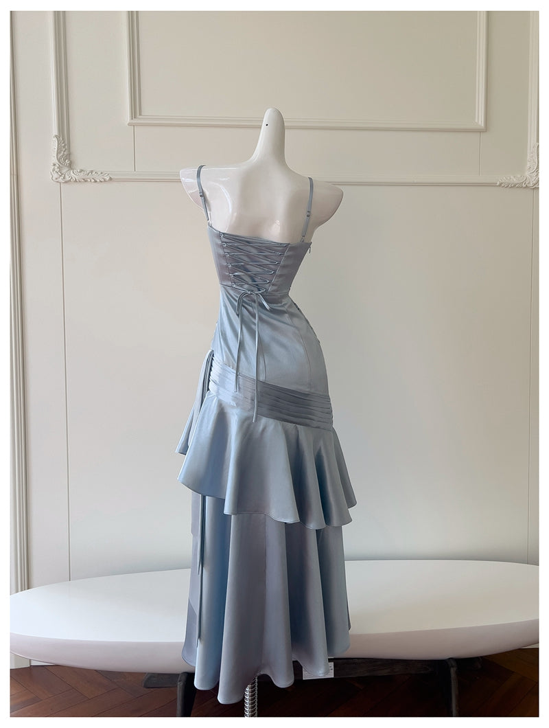 Sexy Mermaid Spaghetti Straps Dusty Blue Satin Long Prom Dresses Party Dress 20th Birthday Outfits Graduation Dresses DH1910