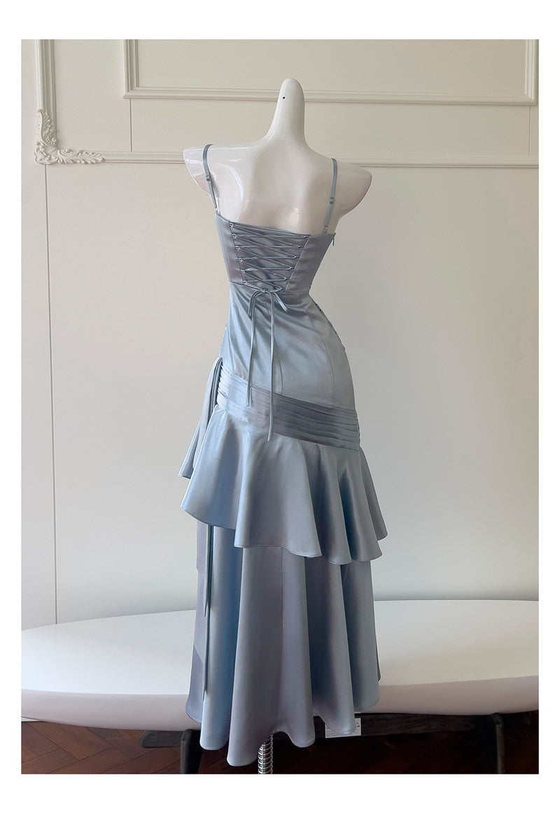 Sexy Mermaid Spaghetti Straps Dusty Blue Satin Long Prom Dresses Party Dress 20th Birthday Outfits Graduation Dresses DH1910