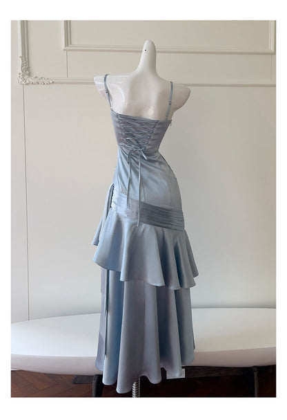 Sexy Mermaid Spaghetti Straps Dusty Blue Satin Long Prom Dresses Party Dress 20th Birthday Outfits Graduation Dresses DH1910