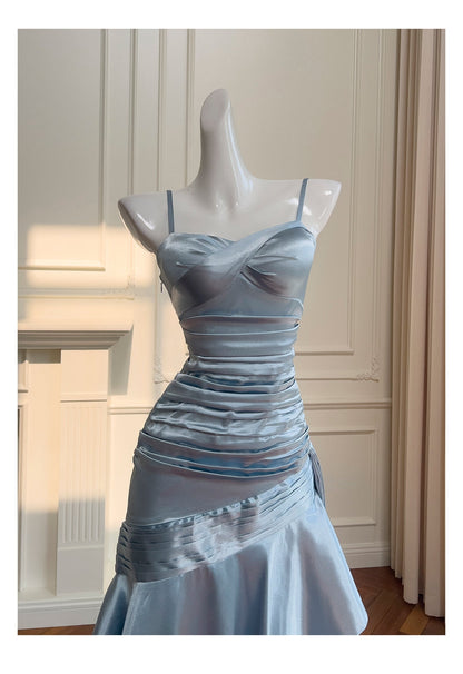 Sexy Mermaid Spaghetti Straps Dusty Blue Satin Long Prom Dresses Party Dress 20th Birthday Outfits Graduation Dresses DH1910