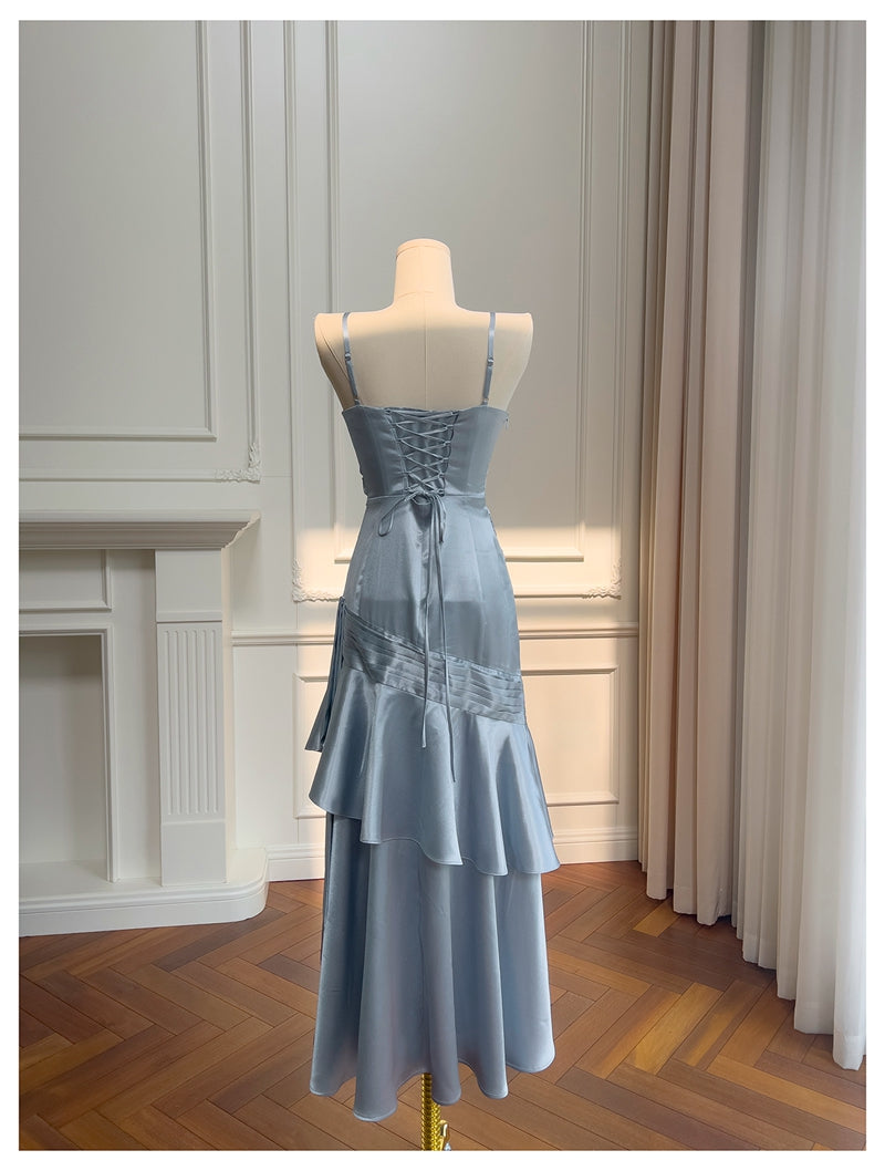 Sexy Mermaid Spaghetti Straps Dusty Blue Satin Long Prom Dresses Party Dress 20th Birthday Outfits Graduation Dresses DH1910