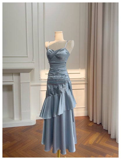 Sexy Mermaid Spaghetti Straps Dusty Blue Satin Long Prom Dresses Party Dress 20th Birthday Outfits Graduation Dresses DH1910