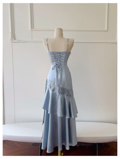 Sexy Mermaid Spaghetti Straps Dusty Blue Satin Long Prom Dresses Party Dress 20th Birthday Outfits Graduation Dresses DH1910