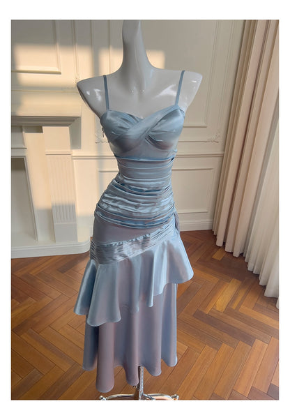 Sexy Mermaid Spaghetti Straps Dusty Blue Satin Long Prom Dresses Party Dress 20th Birthday Outfits Graduation Dresses DH1910
