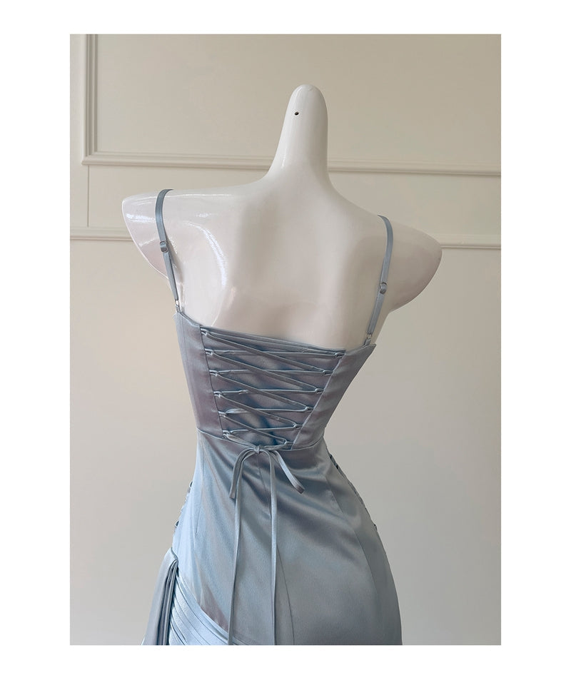 Simple Mermaid Spaghetti Straps Dusty Blue Satin Long Prom Dresses Party Dress 20th Birthday Outfits Graduation Dresses DH1911