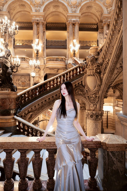 Simple Mermaid Spaghetti Straps Dusty Blue Satin Long Prom Dresses Party Dress 20th Birthday Outfits Graduation Dresses DH1911