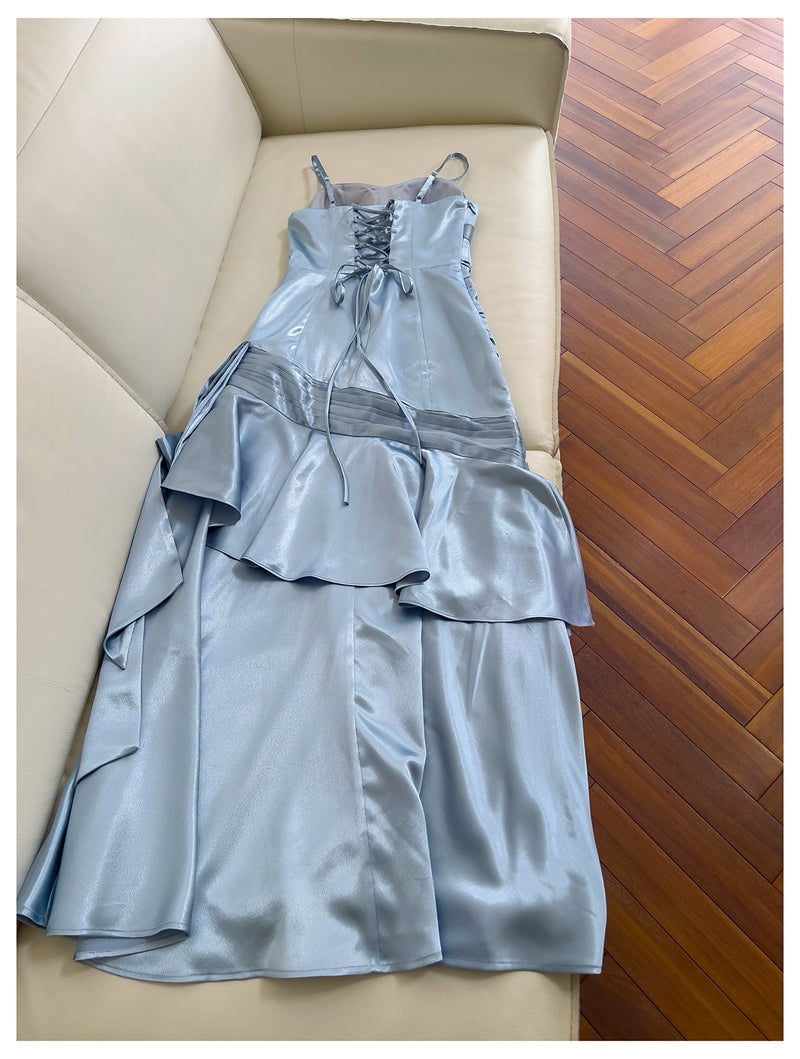 Simple Mermaid Spaghetti Straps Dusty Blue Satin Long Prom Dresses Party Dress 20th Birthday Outfits Graduation Dresses DH1911