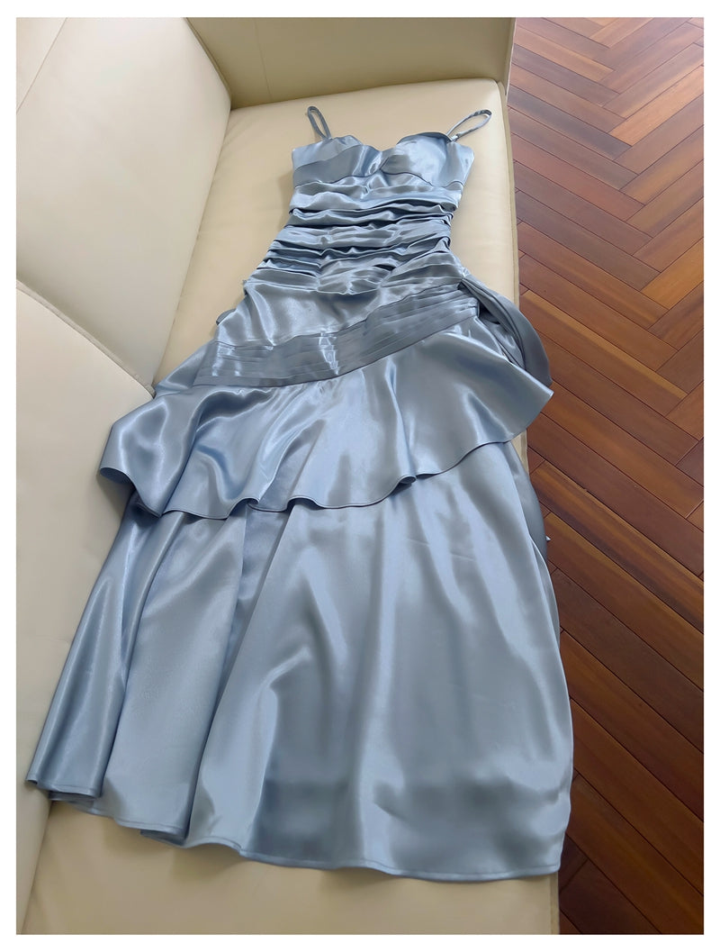 Simple Mermaid Spaghetti Straps Dusty Blue Satin Long Prom Dresses Party Dress 20th Birthday Outfits Graduation Dresses DH1911