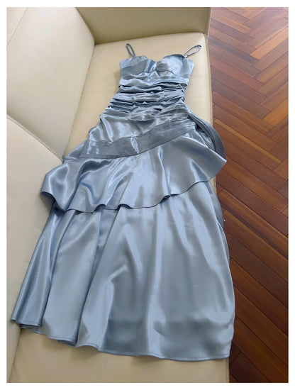 Simple Mermaid Spaghetti Straps Dusty Blue Satin Long Prom Dresses Party Dress 20th Birthday Outfits Graduation Dresses DH1911