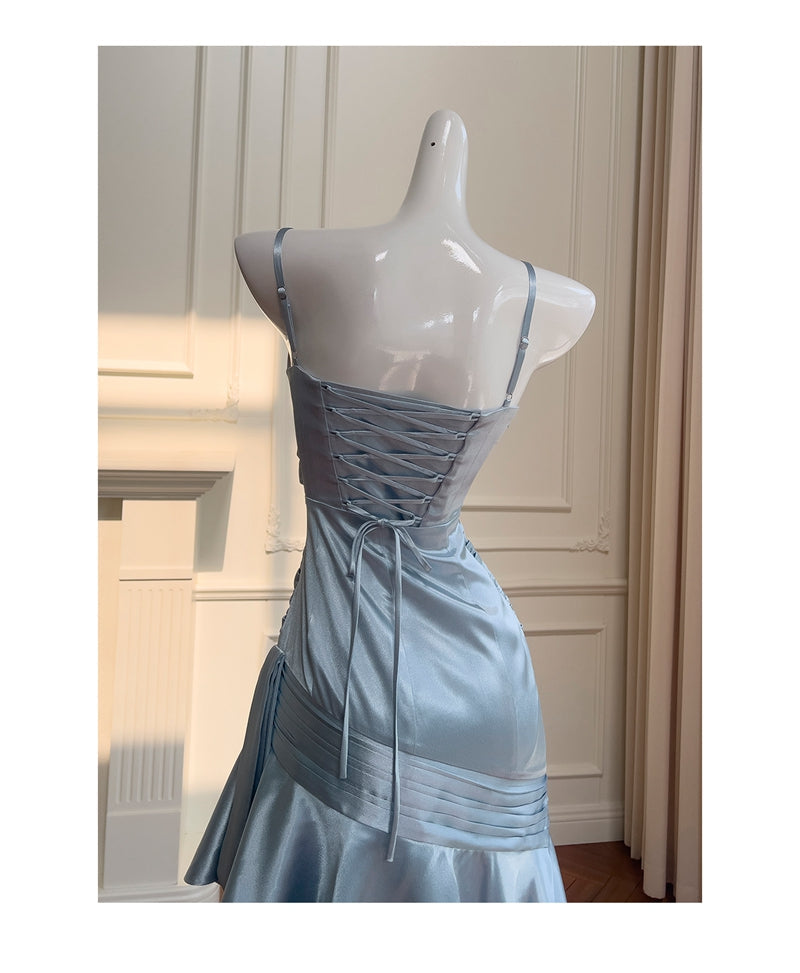 Simple Mermaid Spaghetti Straps Dusty Blue Satin Long Prom Dresses Party Dress 20th Birthday Outfits Graduation Dresses DH1911