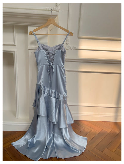 Simple Mermaid Spaghetti Straps Dusty Blue Satin Long Prom Dresses Party Dress 20th Birthday Outfits Graduation Dresses DH1911