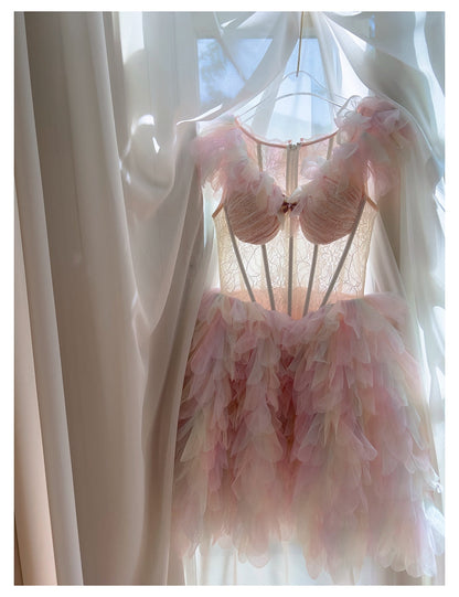 Pretty Ball Gown V Neck Pink Grad Dress Inspo Short Mini Formal 8th Grade Homecoming Dresses High School Hoco Court Dress Graduation Dress Cocktail Birthday Outfits DH1914