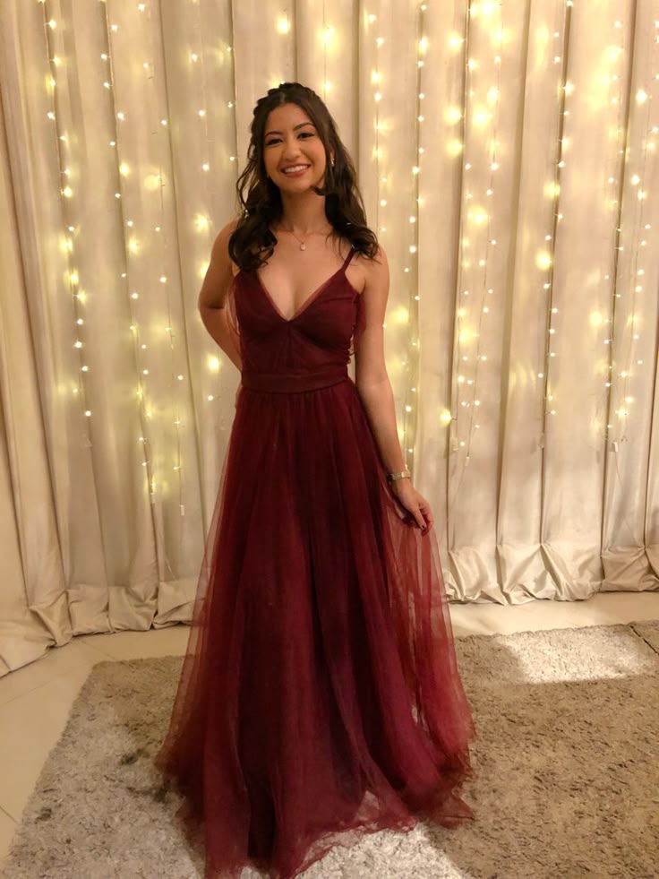 Glamorous A line Spaghetti Straps Tulle Burgundy Long Evening Party Gowns Evening Special Formal Dresses Prom Dress DH191