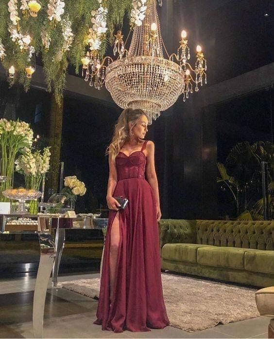 Fancy A Line Straps Burgundy Lace Slit Chiffon Sleeveless Long Evening Dress Party Gowns Evening Special Formal Dresses Prom Dress DH192