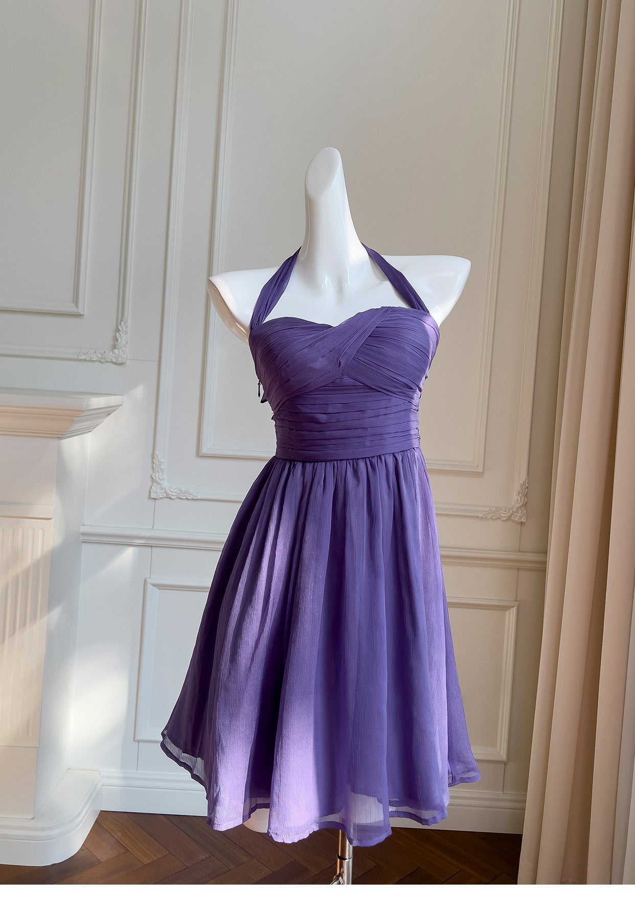Modest A line Chiffon Halter Grape Grad Dress Inspo Short Mini Formal 8th Grade Homecoming Dresses High School Hoco Court Dress Graduation Dress Cocktail Gown Birthday Outfits DH1933