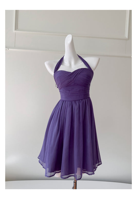 Modest A line Chiffon Halter Grape Grad Dress Inspo Short Mini Formal 8th Grade Homecoming Dresses High School Hoco Court Dress Graduation Dress Cocktail Gown Birthday Outfits DH1933