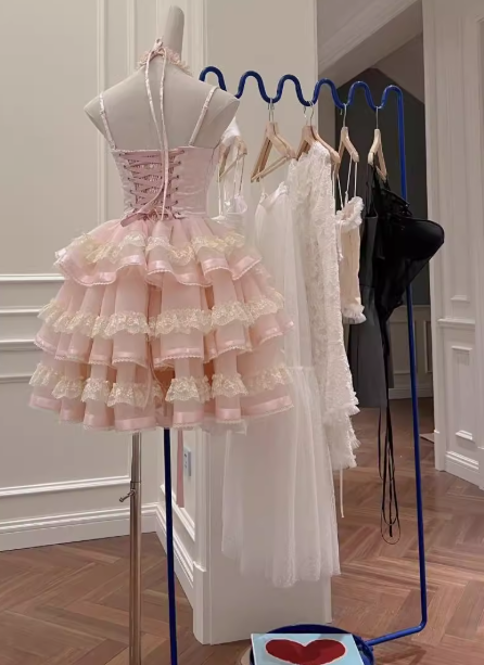 Modest Ball Gown Spaghetti Straps Pink Lace Grad Dress Inspo Short Mini Formal 8th Grade Homecoming Dresses High School Hoco Court Dress Graduation Dress Cocktail Gown Birthday Outfits DH1935