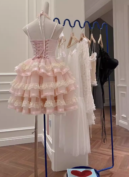 Modest Ball Gown Spaghetti Straps Pink Lace Grad Dress Inspo Short Mini Formal 8th Grade Homecoming Dresses High School Hoco Court Dress Graduation Dress Cocktail Gown Birthday Outfits DH1935