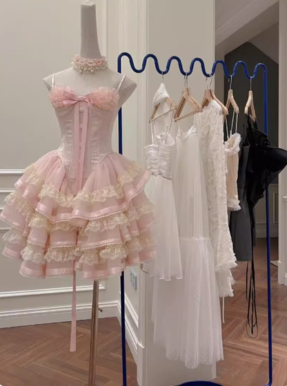 Modest Ball Gown Spaghetti Straps Pink Lace Grad Dress Inspo Short Mini Formal 8th Grade Homecoming Dresses High School Hoco Court Dress Graduation Dress Cocktail Gown Birthday Outfits DH1935