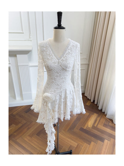 Pretty A Line V Neck Lace White Grad Dress Inspo Short Mini Formal 8th Grade Homecoming Dresses High School Hoco Court Dress Graduation Dress Cocktail Birthday Outfits DH1936