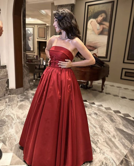 Glamorous A Line Strapless Burgundy Long Evening Party Gowns Evening Special Formal Dresses Prom Dress DH193