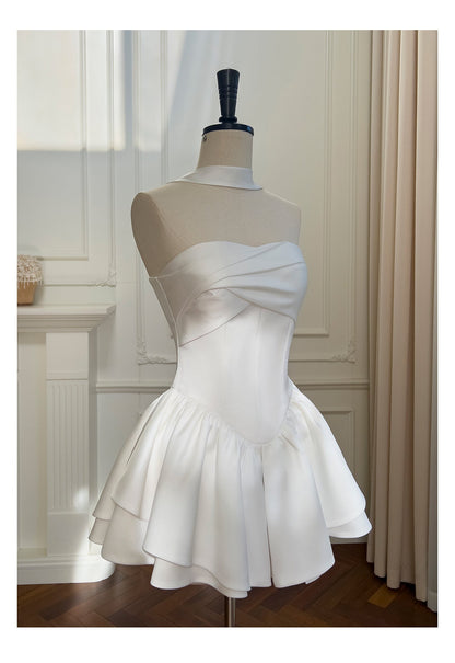 Pretty A Line Strapless Satin White Grad Dress Inspo Short Mini Formal 8th Grade Homecoming Dresses High School Hoco Court Dress Graduation Dress Cocktail Birthday Outfits DH1940