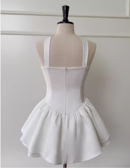 Pretty A Line Strapless Satin White Grad Dress Inspo Short Mini Formal 8th Grade Homecoming Dresses High School Hoco Court Dress Graduation Dress Cocktail Birthday Outfits DH1940