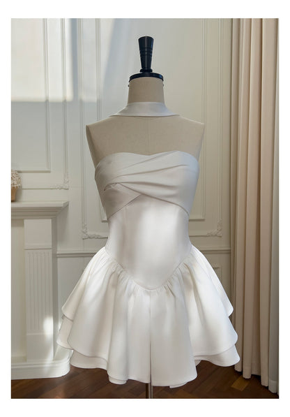 Pretty A Line Strapless Satin White Grad Dress Inspo Short Mini Formal 8th Grade Homecoming Dresses High School Hoco Court Dress Graduation Dress Cocktail Birthday Outfits DH1940