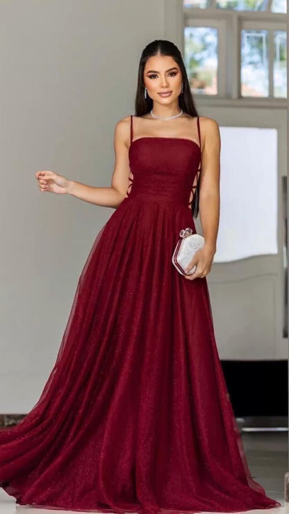 Glamorous A Line Spaghetti Straps Burgundy Tulle Long Evening Party Gowns Evening Special Formal Dresses Prom Dress DH200