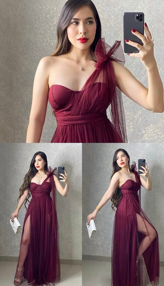 Glamorous A line One Shoulder Sleeveless Tulle Slit Burgundy Long Evening Party Gowns Evening Special Formal Dresses Prom Dress DH201