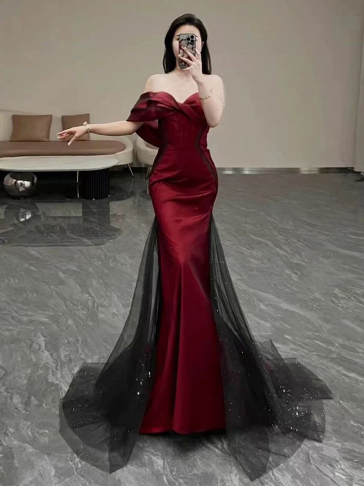 Fancy Mermaid Off The Shoulder Short Sleeves Burgundy Long Evening Dress Party Gowns Evening Special Formal Dresses Prom Dress DH202