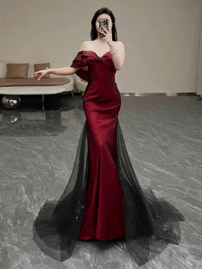 Fancy Mermaid Off The Shoulder Short Sleeves Burgundy Long Evening Dress Party Gowns Evening Special Formal Dresses Prom Dress DH202