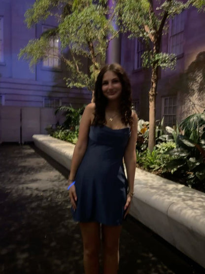 Simple A Line Spaghetti Straps Navy Blue Satin Formal 8th Grade Homecoming Dresses Middle School Short Birthday Gowns Graduation Dress Hoco Outfits DH2001