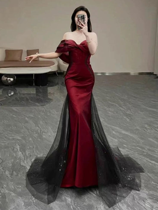 Fancy Mermaid Off The Shoulder Short Sleeves Burgundy Long Evening Dress Party Gowns Evening Special Formal Dresses Prom Dress DH202