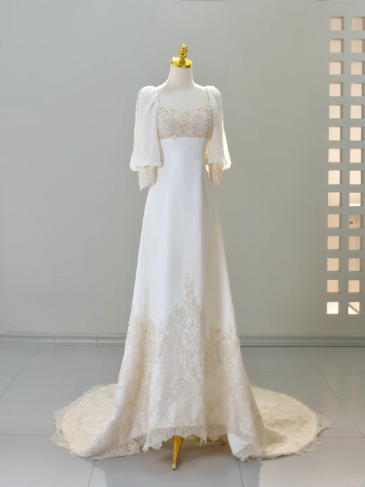 Romantic Wedding Gown Bridal Dress A Line Square Neck Satin Wedding Dress Ivory Wedding Dresses Modest Wedding Gowns DH2038