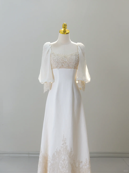 Romantic Wedding Gown Bridal Dress A Line Square Neck Satin Wedding Dress Ivory Wedding Dresses Modest Wedding Gowns DH2038