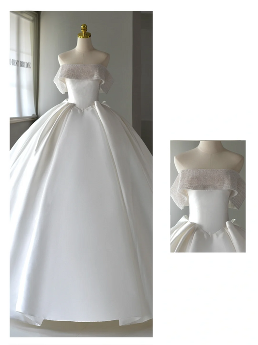 Ethereal Wedding Dress Ball Gown Off The Shoulder Satin White Wedding Dresses Bridal Gowns P2045