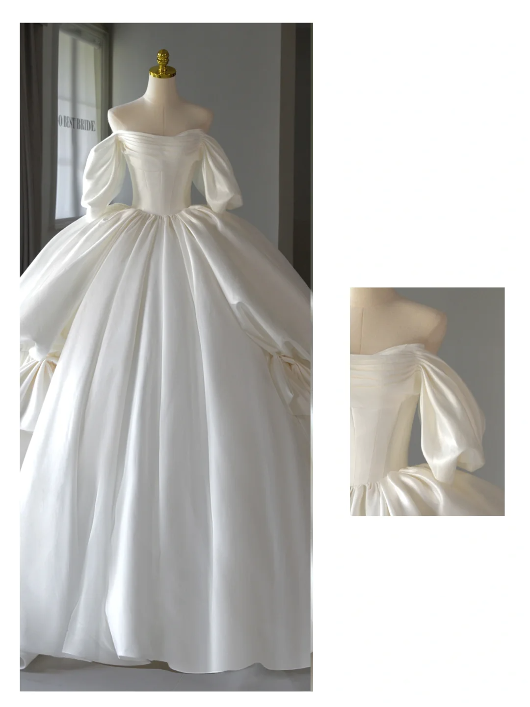 Ethereal Wedding Dress Ball Gown Off The Shoulder Satin White Short Sleeves Long Wedding Dresses Bridal Gowns