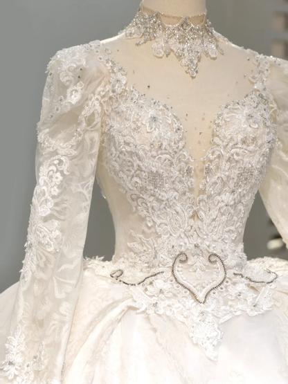 Romantic Wedding Gown Bridal Dress Ball Gown High Neck Lace Wedding Dress White Wedding Dresses Modest Wedding Gowns DH2046