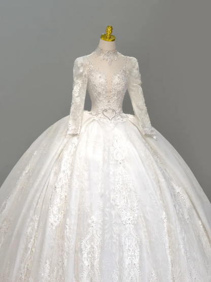 Romantic Wedding Gown Bridal Dress Ball Gown High Neck Lace Wedding Dress White Wedding Dresses Modest Wedding Gowns DH2046