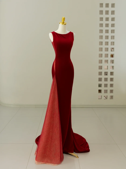 Sexy Mermaid Scoop Neck Velvet Burgundy Long Prom Dresses Party Dress 20th Birthday Outfits Graduation Dresses DH2056