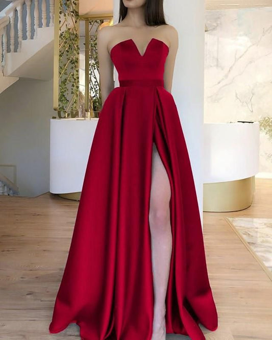 Simple A line Strapless Sleeveless Red Slit Long Evening Party Gowns Evening Special Formal Dresses Prom Dress DH205