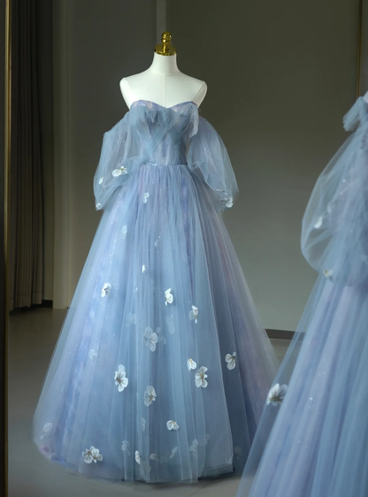 Pretty Ball Gown Off The Shoulder Blue Tulle Long Floral Quinceanera Dress Formal Gowns Sweet 17 Dresses Vestido De 15 Anos Sweet 16 Dress DH2062