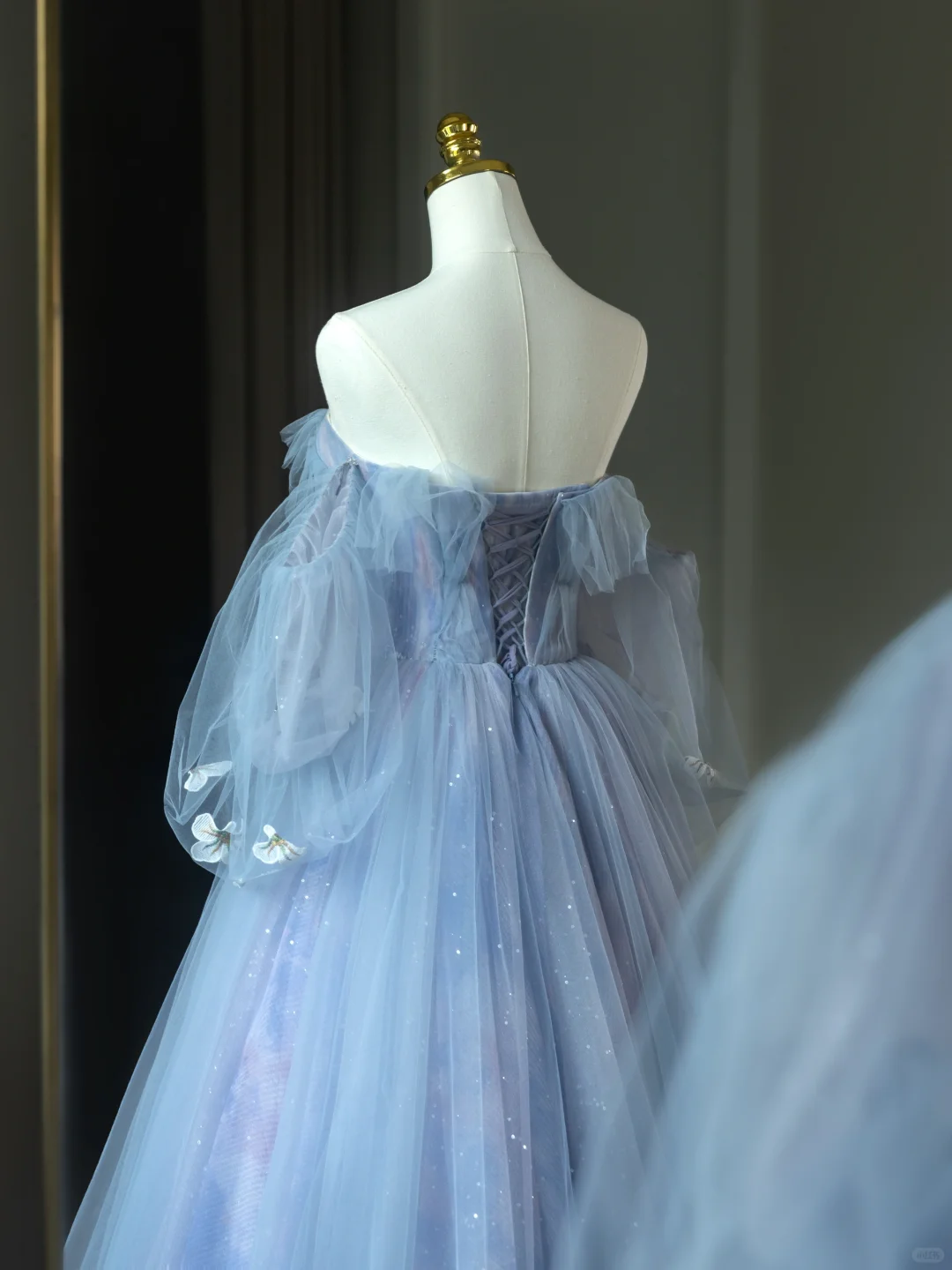 Pretty Ball Gown Off The Shoulder Blue Tulle Long Floral Quinceanera Dress Formal Gowns Sweet 17 Dresses Vestido De 15 Anos Sweet 16 Dress DH2062
