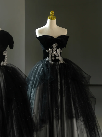 Pretty Ball Gown Strapless Black Tulle Long Lace Quinceanera Dress Formal Gowns Sweet 17 Dresses Vestido De 15 Anos Sweet 16 Dress DH2064